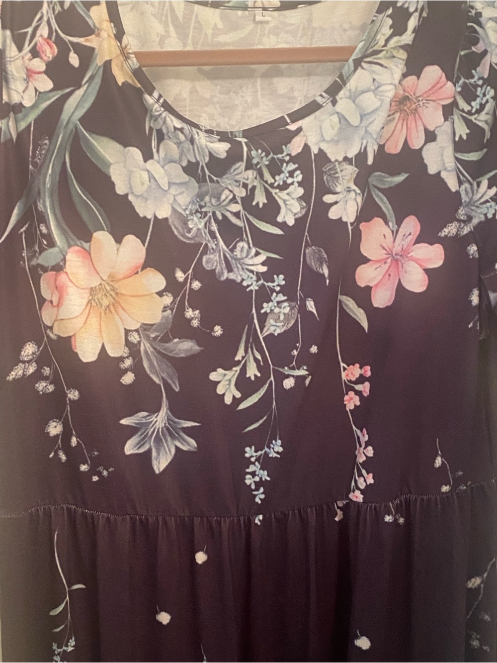 Floral Scoop Neck Maxi Dress - Black with Pink & Cream Blooms